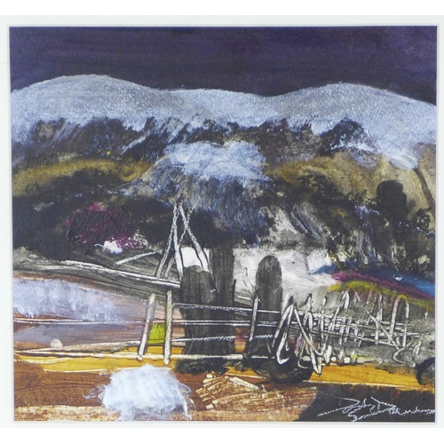 196 - DOUGLAS DAVIES RSW (SCOTTISH b. 1946) SNOWS, signed mixed media, framed under glass and labelled ver... 