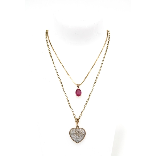 20 - 9ct gold diamond set heart shape pendant on an unmarked chain together with 9ct gold chain necklace ... 