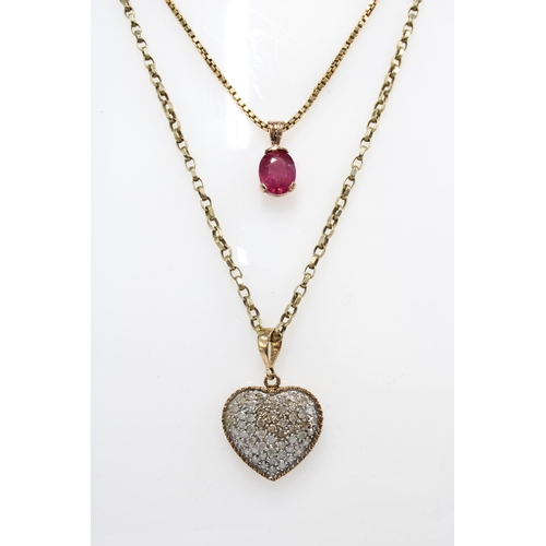 20 - 9ct gold diamond set heart shape pendant on an unmarked chain together with 9ct gold chain necklace ... 