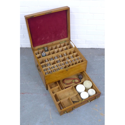 215 - A late 19th century mahogany and pine apothecary chest / box with brass handles and one drawer, cont... 