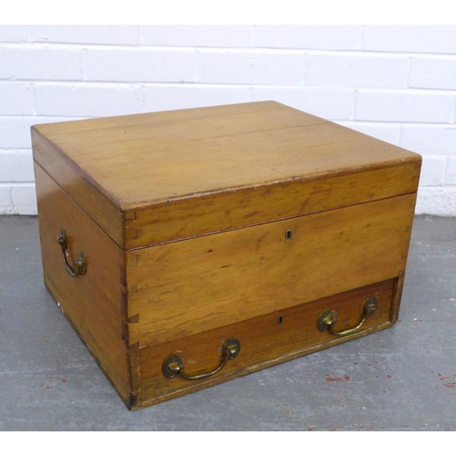 215 - A late 19th century mahogany and pine apothecary chest / box with brass handles and one drawer, cont... 