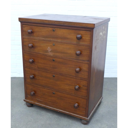 220 - 19th century mahogany chest with five graduating long drawers, with bun handles and feet, 81 x 105 x... 