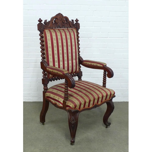 225 - A mahogany open armchair with scrolling toprail and barley twist and bobbin supports, striped uphols... 