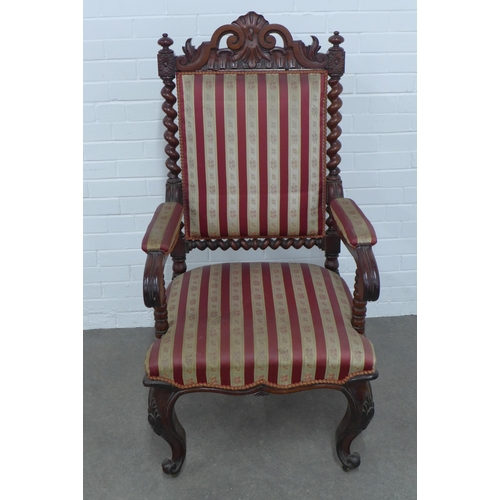 225 - A mahogany open armchair with scrolling toprail and barley twist and bobbin supports, striped uphols... 