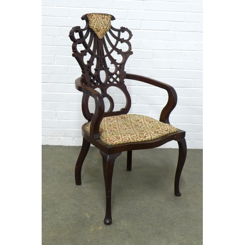 234 - Mahogany open armchair with art nouveau pierced back, 58 x 108 x 51cm.