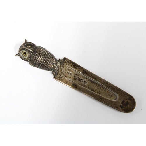 24 - Sampson Mordan & Co silver novelty owl bookmark, London 1893, 9cm long