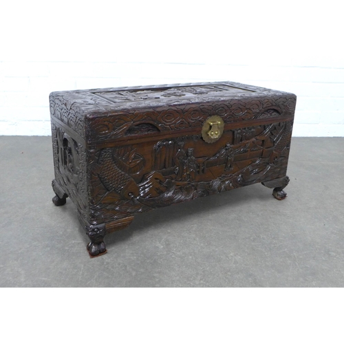 246 - Chinoiserie carved camphorwood chest, 72 x 37 x 35cm.