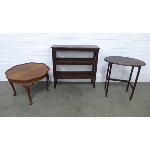 249 - A small oak bookcase together with two Edwardian occasional tables. (3)