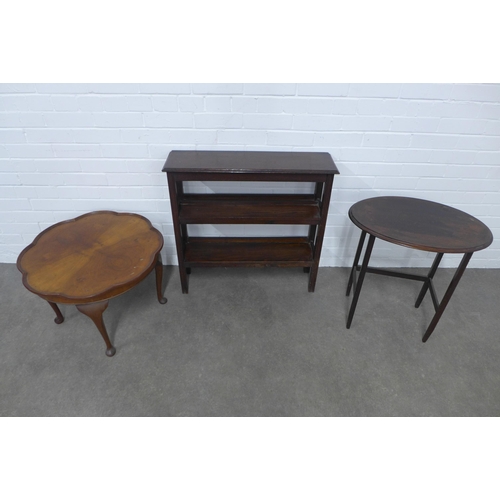 249 - A small oak bookcase together with two Edwardian occasional tables. (3)