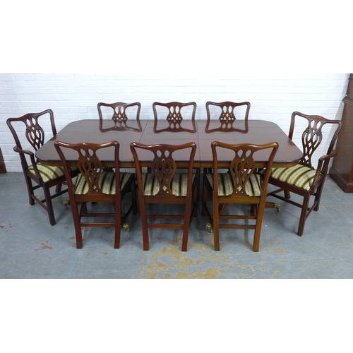 250 - Georgian style mahogany twin pedestal dining table and set of eight chairs, 213 x 75 x 112cm. (9)