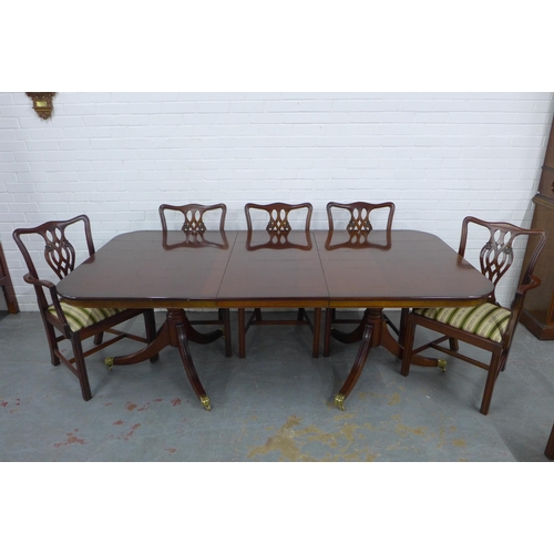 250 - Georgian style mahogany twin pedestal dining table and set of eight chairs, 213 x 75 x 112cm. (9)