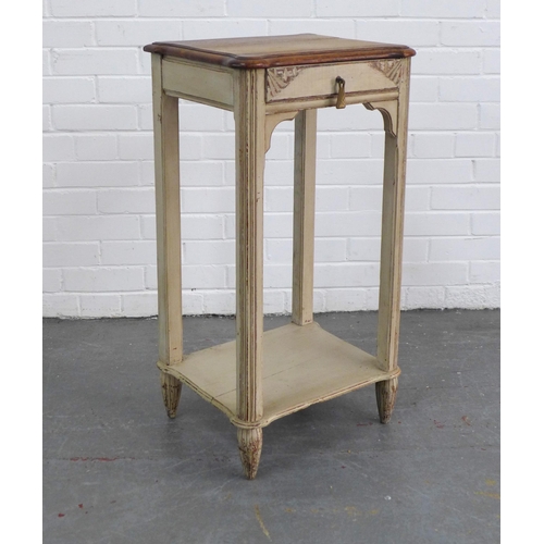 252 - French style grey painted bedside table with square mahogany top, 43 x 82 x 35cm.