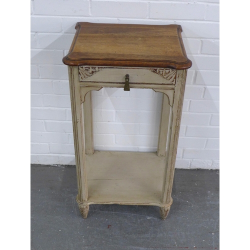 252 - French style grey painted bedside table with square mahogany top, 43 x 82 x 35cm.