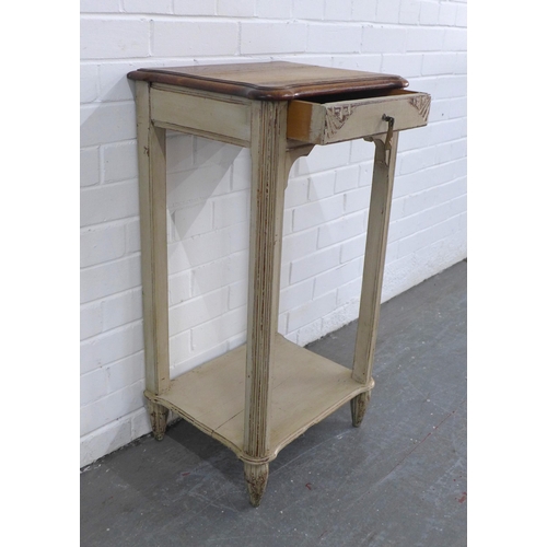 252 - French style grey painted bedside table with square mahogany top, 43 x 82 x 35cm.