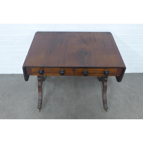 256 - Mahogany sofa table, two drawers with bun handles,  90 x 73 x 61cm.