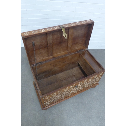 259 - An Anglo Indian bone inlaid storage box, void interior  and a brass clasp fastening, 96 x 59 x 47cm.