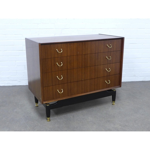 273 - Retro teak chest with four long drawers, brass handles and ebonised legs, 97 x 80 x 47cm