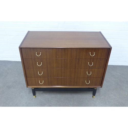 273 - Retro teak chest with four long drawers, brass handles and ebonised legs, 97 x 80 x 47cm