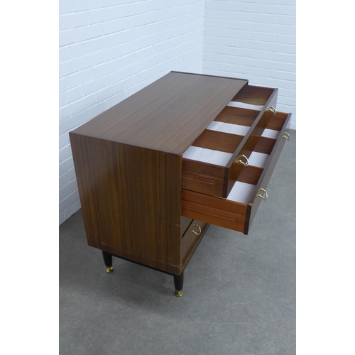 273 - Retro teak chest with four long drawers, brass handles and ebonised legs, 97 x 80 x 47cm