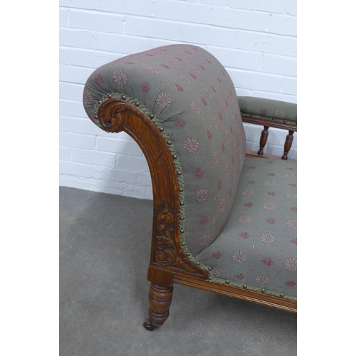 279 - Edwardian oak framed chaise longue with upholstered back and seat, 190 x 76 x 65cm