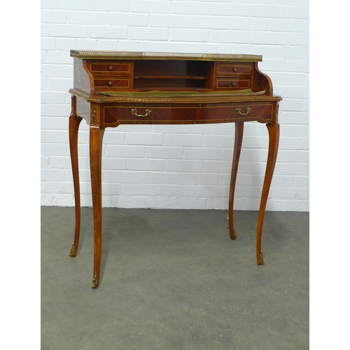 282 - French style inlaid writing desk with brass gallery, 87 x 94 x 43cm.