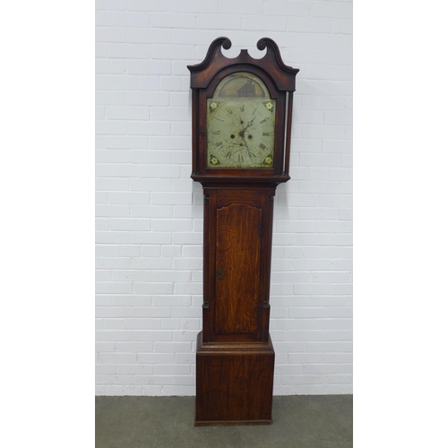 284 - 19th century oak grandfather clock, broken swan neck pediment over a painted dial with ship automato... 