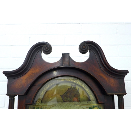 284 - 19th century oak grandfather clock, broken swan neck pediment over a painted dial with ship automato... 