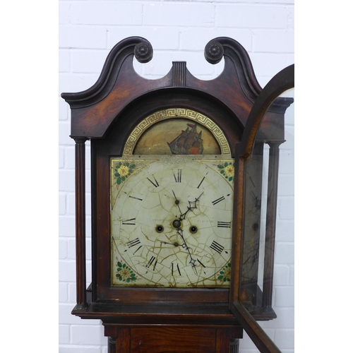 284 - 19th century oak grandfather clock, broken swan neck pediment over a painted dial with ship automato... 