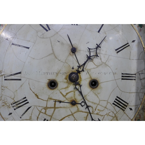 284 - 19th century oak grandfather clock, broken swan neck pediment over a painted dial with ship automato... 