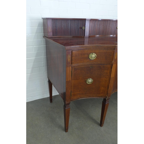 286 - Georgian mahogany and inlaid serpentine stageback sideboard, 184 x 117 x 77cm.