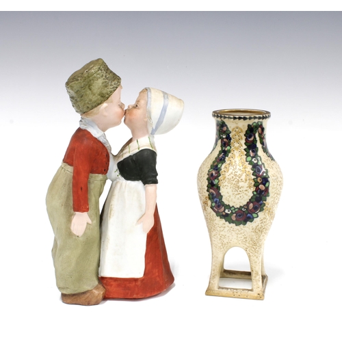 302 - Austrian Secessionist vase by Turn Vienna together with a bisque boy and girl figure group, 22cm, (2... 