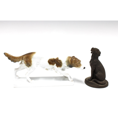 304 - Ens Volkstedt porcelain spaniel dog figure, 24 x 10cm, together with a Menton Manor bronze patinated... 