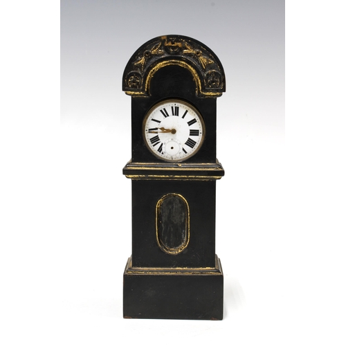 305 - Miniature gilt and ebonised grandfather clock, containing a pocket watch, 21cm