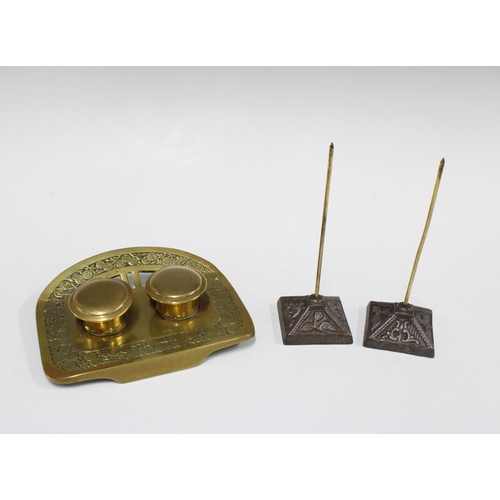 311 - Brass Secessionist style inkwell, 17 x 14cm, together with two paper spikes (3)