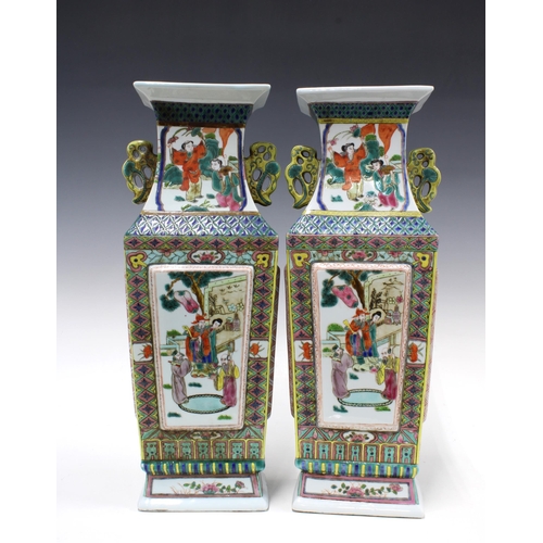 314 - Pair of Chinese Canton enamel vases, quadrangular with flared rims, stylised borders and painted fig... 