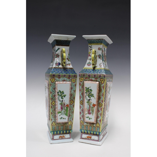 314 - Pair of Chinese Canton enamel vases, quadrangular with flared rims, stylised borders and painted fig... 