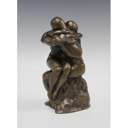 316 - Modern bronze patinated embracing figure group, after The Kiss, 25cm