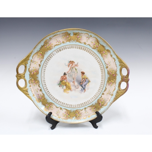 320 - Sevres style tete a tete service with tray, decorated with cherubs, teapot 18cm, tray a/f (10)