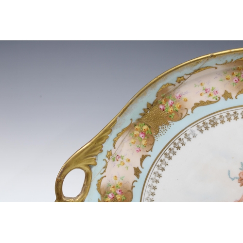 320 - Sevres style tete a tete service with tray, decorated with cherubs, teapot 18cm, tray a/f (10)