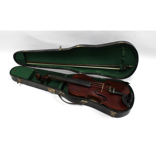 324 - Medio Fino violin, with single back, label inside and with bow in case, violin length including butt... 