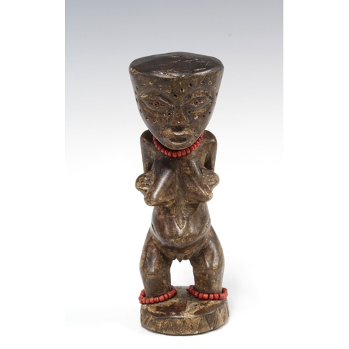 332 - LWENA carved wooden female figure with beads, 21cm