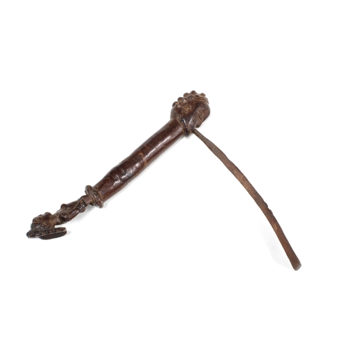 336 - OVIMBUNDU, Adze wood and iron axe, with figure head carving and  long fan shaped blade, 32cm long