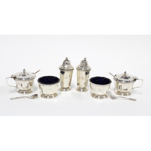 34 - George V silver six piece condiment set, with blue glass liners, Adie Bros, Birmingham 1929 (6)