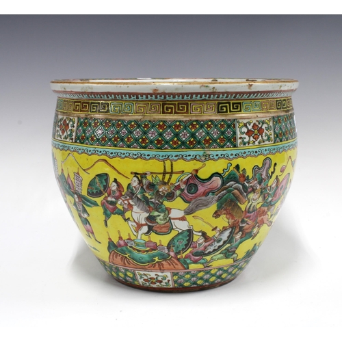 363 - Chinese fish bowl planter, yellow glazed ground with warrior pattern and stylised borders, 33 x 25cm