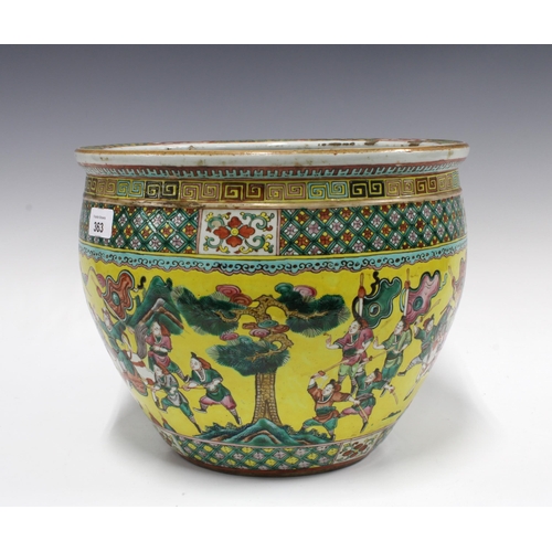 363 - Chinese fish bowl planter, yellow glazed ground with warrior pattern and stylised borders, 33 x 25cm