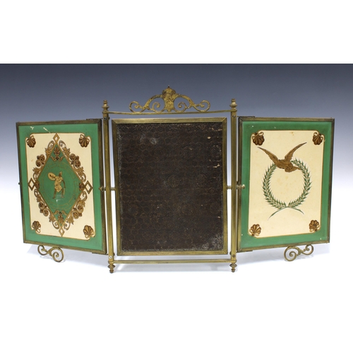 365 - Late 19th century brass framed triple mirror with aesthetic pattern, 40cm high