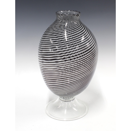 366 - Large art glass vase with black and white swirling stripes, 41cm