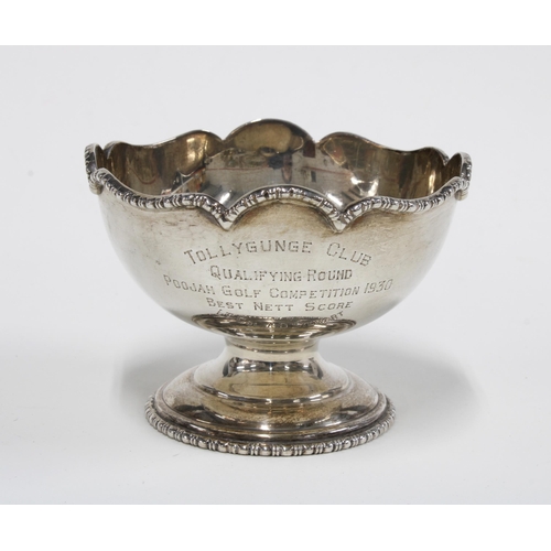 37 - Indian silver golfing trophy pedestal bowl, inscribed 'Tollygunge Club, Qualifying Round, Poojah Gol... 