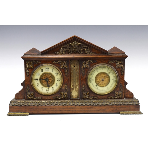 371 - An Edwardian oak cased combination clock, barometer and thermometer, 40 x 24cm