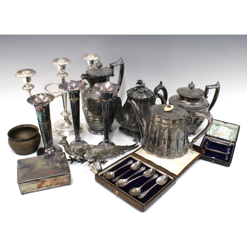 377 - Quantity of Epns wares to include a candelabra, teaset, knife rests, vases and flatware, etc (a lot)